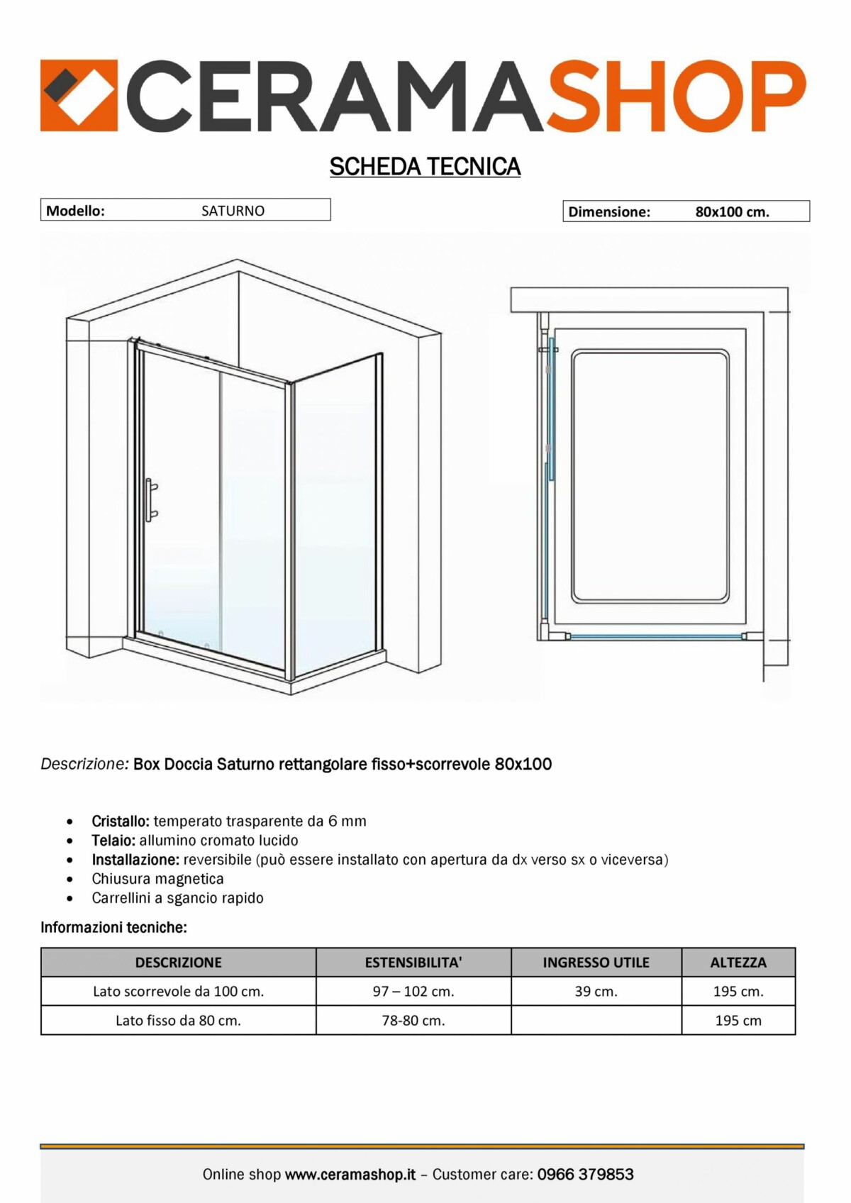 80x100 000001 1 scaled Box doccia rettangolare "Saturno" 80×100 cm lato fisso+lato scorrevole cristallo trasparente 6 mm