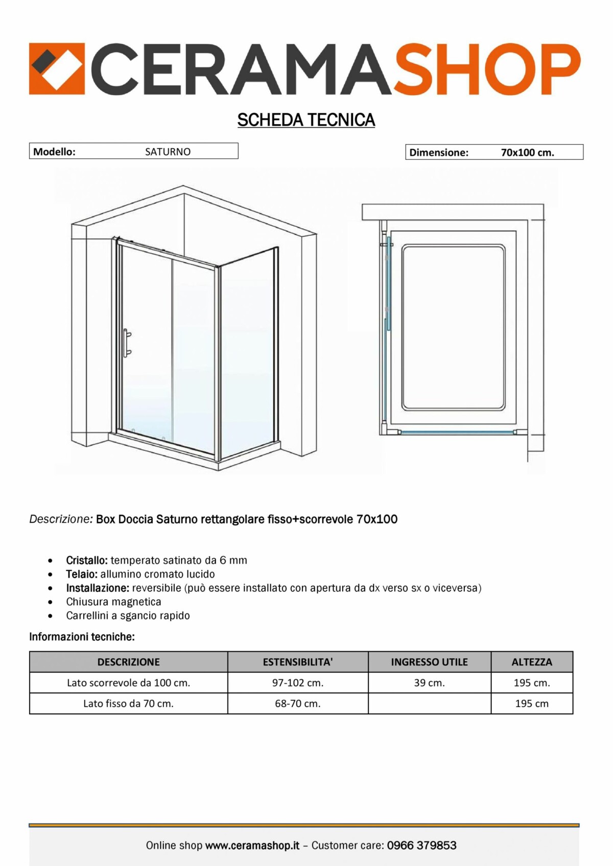 70x100 000001 scaled Box doccia rettangolare “Saturno” 70×100 cm lato fisso+lato scorrevole cristallo trasparente 6 mm