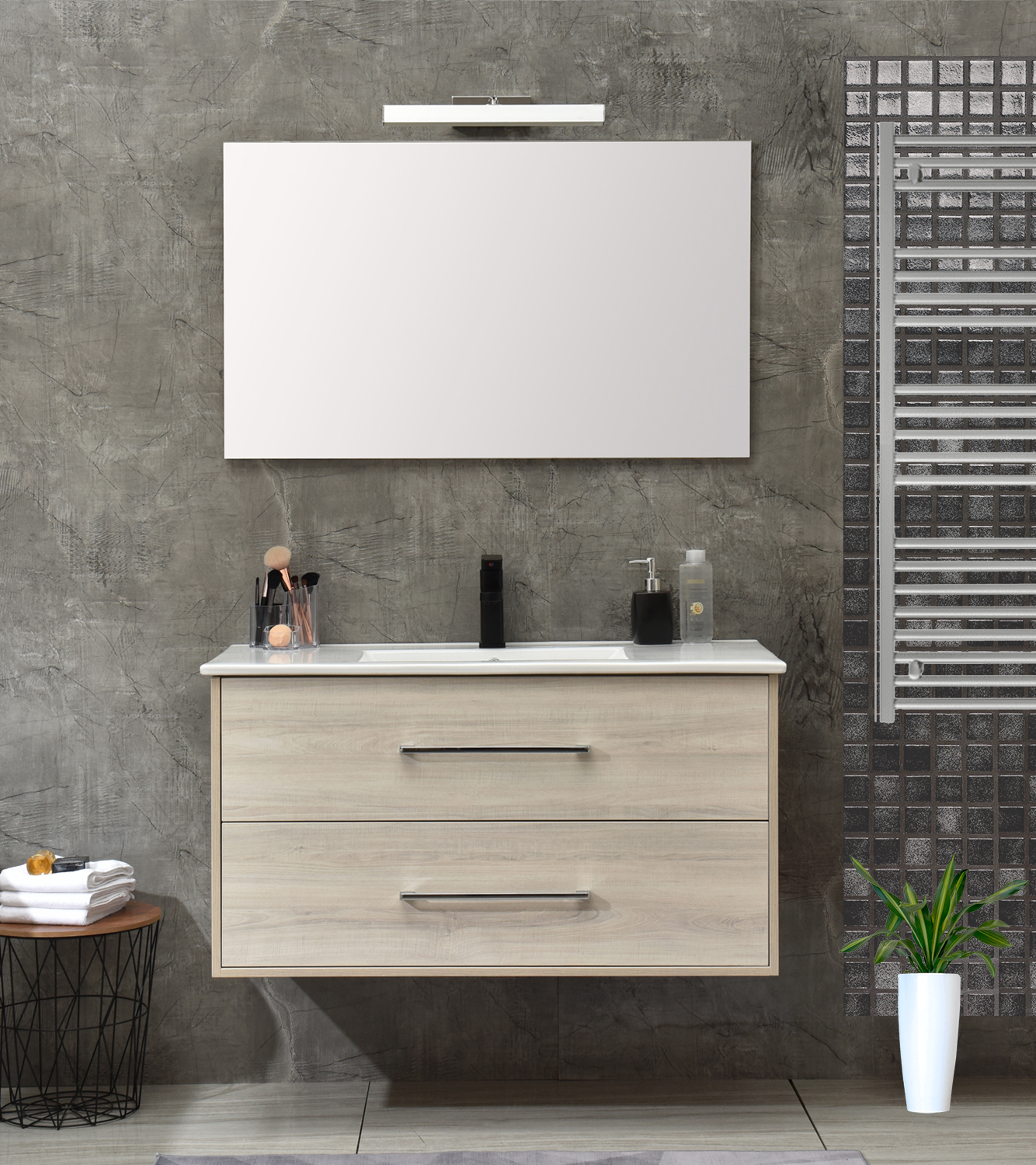 Mobile bagno Praga sospeso 120 cm bianco effetto legno con lavabo e  specchio (lampada esclusa) - Cerama Shop Online di igienico-sanitari ed  accessori